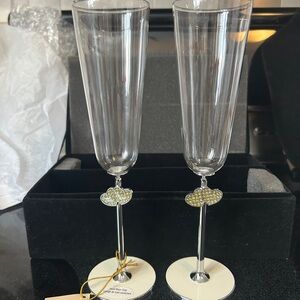 WOB Carlton Cards Champagne Flutes with Silver Stems and Gold Heart Accents